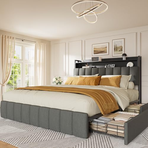 Bed Frame Queen Size with Upholstered Headboard & Charging Station, Queen Bed Frame with 4 Storage Drawers, 2-Tier Open Shelves, No Box Spring Needed, Slient Foam Strip, Easy Assembly, Grey - color: Grey, size: Queen