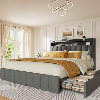 Bed Frame Queen Size with Upholstered Headboard & Charging Station, Queen Bed Frame with 4 Storage Drawers, 2-Tier Open Shelves, No Box Spring Needed, Slient Foam Strip, Easy Assembly, Grey - color: Grey, size: Queen