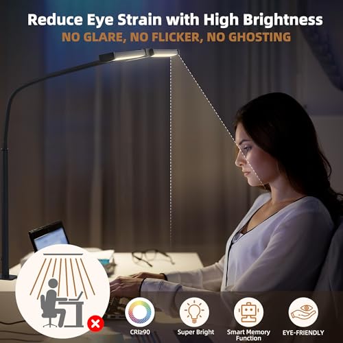 Motumen Led Desk Lamp for Home Office, Eye-Care Desk Light Clamp, White | Smart Double Head Computer Monitor Table Clip Lamp, Adjustable Flexible Goose-Neck, 25 Lighting Models, Task Lamp - color: White and Sliver