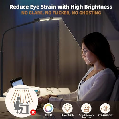 Motumen Led Desk Lamp for Home Office, Eye-Care Desk Light Clamp, White | Smart Double Head Computer Monitor Table Clip Lamp, Adjustable Flexible Goose-Neck, 25 Lighting Models, Task Lamp - color: White and Sliver