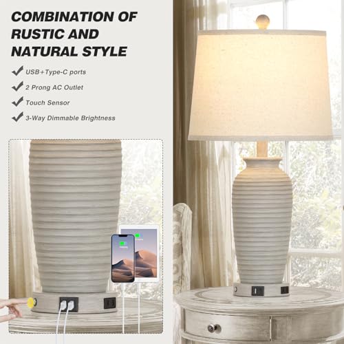 CINSARY 25" Farmhouse Jar Table Lamps Set of 2, 3 Way Touch Control Rustic Bedside Lamps with USB A+C Ports & AC Outlet, Pot Nightstand Lamps for Bedroom Living Room (LED Bulbs Included) - color: Light Gray