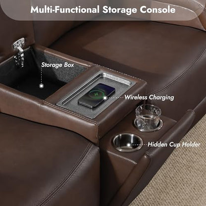 Watson & Whitely Wall Hugger Power Reclining Sofa with Console, Brown | Genuine Leather Recliner Sofa, Power Headrests, Center Storage Console, Cup Holders, 3-Seater Couch, Living Room & RV - color: Dark Brown, style: 3 Seater Sofa (with console)