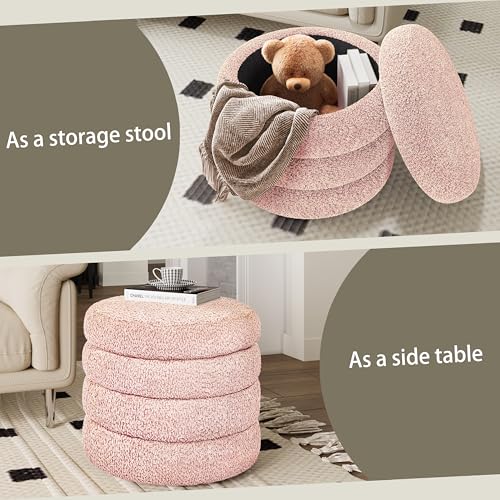 allamazing Storage Ottoman, Round Ottoman with Storage, Vanity Stool Foot Rest with Removable Lid, Round Boucle Upholstered for Living Room Pouf Footstool (Pink) - color: Pink
