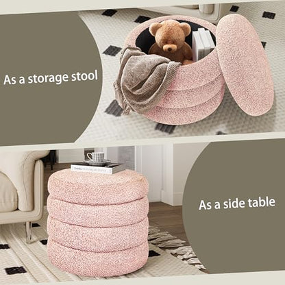 allamazing Storage Ottoman, Round Ottoman with Storage, Vanity Stool Foot Rest with Removable Lid, Round Boucle Upholstered for Living Room Pouf Footstool (Pink) - color: Pink