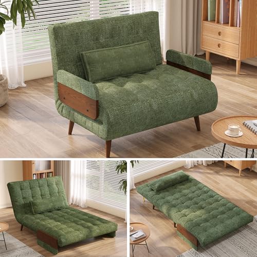 JASIWAY 37" Mid-Century Convertible Sofa Chair Bed Sleeper for Adult, Futon | Space Saving, Sturdy Green Chenille Convertable Guest Bed with Adjustable Backrest, Folding Sofa Chair with Walnut Armrest - color: Mid-century Green, size: 36.6" W Sleeper Chai