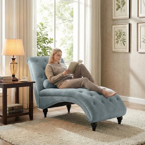 Button-Tufted Chaise Lounge Indoor, Velvet Chaise Lounge Chair with Legs & Toss Pillow, Armless Rolled Backrest Leisure Sofa Recliner for Living Room Bedroom (Gray) - color: Grey