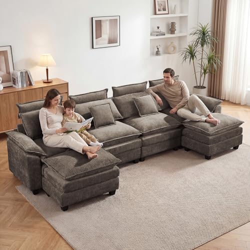 134'' U Shaped Sectional Couch, Cloud Deep Seat Sofa Couch with 2 Ottoman, Detachable Headrest, Oversized Modular 5 Seater Sofas for Living Room, Brown - color: Brown, size: U Shaped Couch