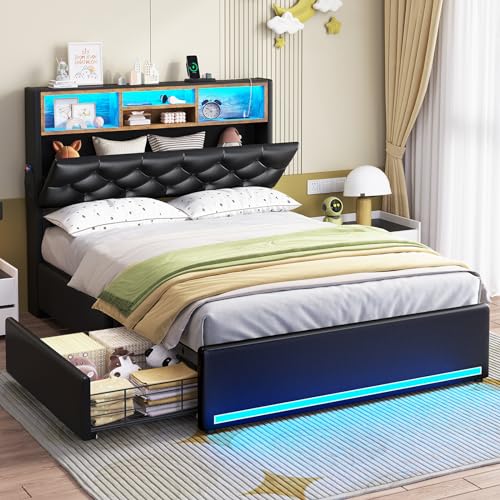 HAUOMS Twin Bed Frame with Headboard and 4 Drawers, PU Black Upholstered | Storage Headboard with Charging Station and LED Lights, Modern Platform Bed with 5 Shelf, Noise Free, for Kids,Boys - color: Pu Black, size: Twin (U.S. Standard)