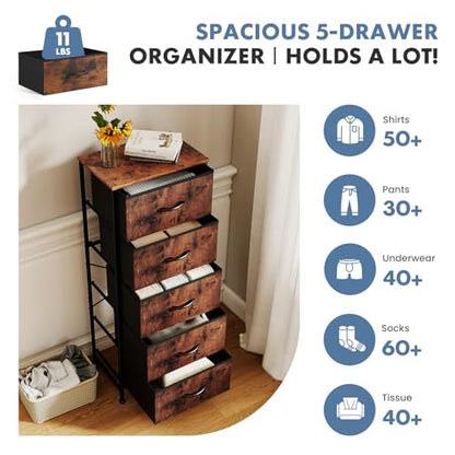 DUMOS Nightstand with 5 Drawers, Bedside Table with Removable Fabric Bins, Sturdy Steel Frame Wood Top Skinny Dresser for Bedroom Closet Living Room, Brown - color: Brown, size: 15.7"D x 11.8"W x 47.7"H (5 Drawers)