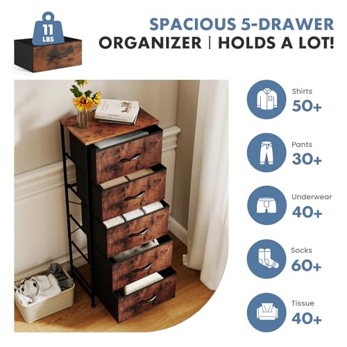 DUMOS Nightstand with 5 Drawers, Bedside Table with Removable Fabric Bins, Sturdy Steel Frame Wood Top Skinny Dresser for Bedroom Closet Living Room, Brown - color: Brown, size: 15.7"D x 11.8"W x 47.7"H (5 Drawers)
