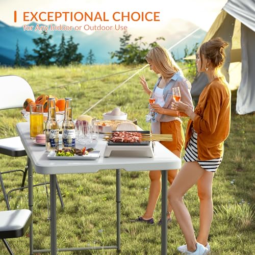 Elevon 4 Feet Heavy Duty Folding Table with Adjustable Height, Fold-in-Half Portable Table for Indoor Outdoor Use - Camping, Picnic, Party, Wedding, Dining, Utility Table - size: 4 feet