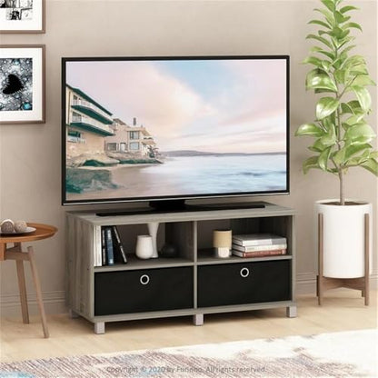 Furinno Andrey Entertainment Center with Bin Drawers, French Oak Grey/Black | Open Shelf TV Console for TV up to 46 Inch with Bin Drawers, for Living Room, Bedroom