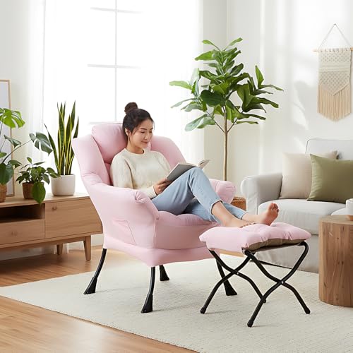 Welnow Lazy Chair with Ottoman, Reading Chair with Footrest，Pink | A Side Pocket,Armrests,Foldable Footrest,Thick Cushioned Seat & Backrest, Lounge Chair for Bedroom,Living Room & Small Space - color: Pink
