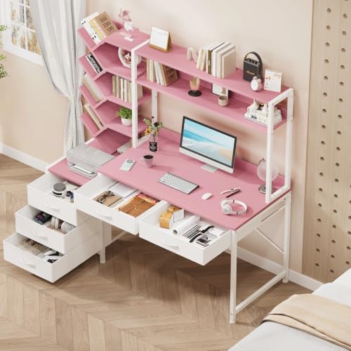 52" Computer Desk with Bookshelf, 5 Drawers ＆ Hutch for Bedroom | Pink Office Desk with Printer Shelf, Study Writing Desk with Storage Shelves - color: Pink