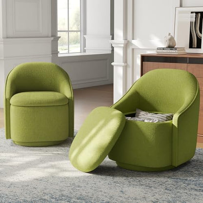 LINSY Swivel Accent Chair Set of 2, Comfy Chenille Barrel Chairs with Storage 360 Swivel Modern Armchair for Living Room Bedroom, Small Boucle Reading Chair for Study Room (Green) - color: Green (Set of 2)