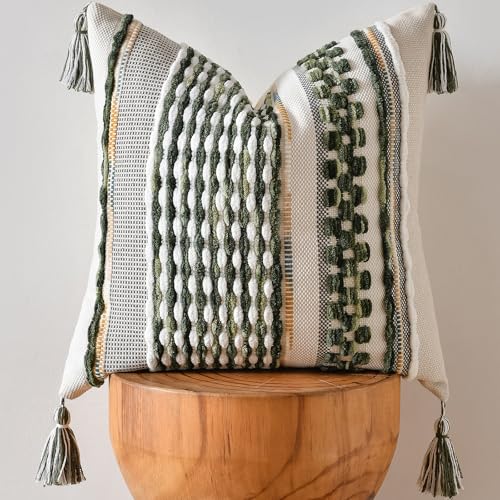 Chenille Striped Textured Boho Throw Pillow Covers Aesthetic with Tassels Woven Decorative Pillow Case for Couch Bed Sofa Bedroom Modern Funky 18 x 18-Inch Sage Green - color: Sage Green, size: 18" x 18" (Pack of 1)