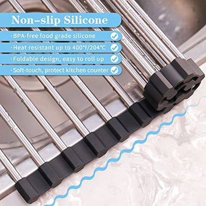 Seropy Roll Up Dish Drying Rack Over The Sink for Kitchen Sink Drying Rack Folding Dish Drainer Mat Rolling Dish Rack Sink Rack Stainless Steel Kitchen Dry Rack Black 17.5x15.7 Inch - color: Black, size: 17.5 x 15.7 in