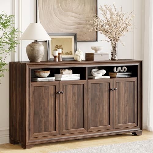 60 Inches Sideboard Buffet Cabinet with Storage and 4 Doors, Brown | Large Sideboard Kitchen Cabinet with Open Shelf & Adjustable Shelf, Kitchen Coffee Bar Console Table for Living Room, Hallway - color: Brown