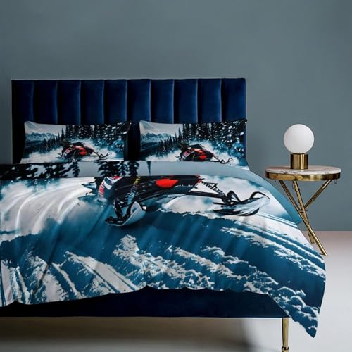 3 Piece Cool Snowmobile Bedding Set - Ultra Soft Fabric & Double-Sided Print, Breathable Comforter Set with 1 Quilt Cover & 2 Pillowcases for Home Hotel, 102"x90" - size: 102"x90"