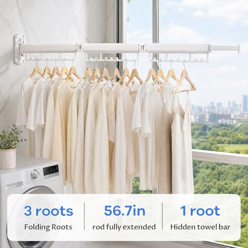 Foldable Wall Mounted Laundry Drying Rack, 3 Fold Retractable Clothes Drying Rack, Durable Clothing Hanger Rack for Laundry Room, Balcony, Bathroom (White) - color: White
