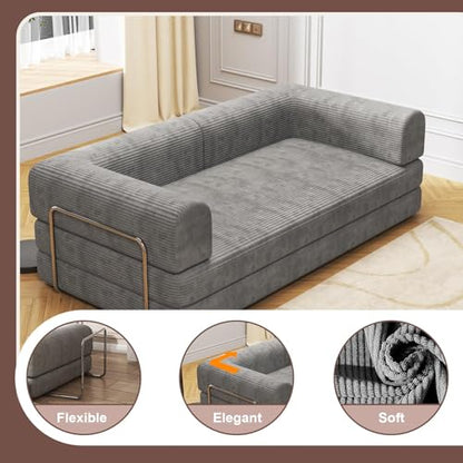 Garvee 78" Convertible Sleeper Sofa Bed, Plush Corduroy Futon Loveseat, Folding Floor Couch with Fixed Frame, Pull Out Bed, No Assembly Modern Living Room Sofa Furniture (Grey)