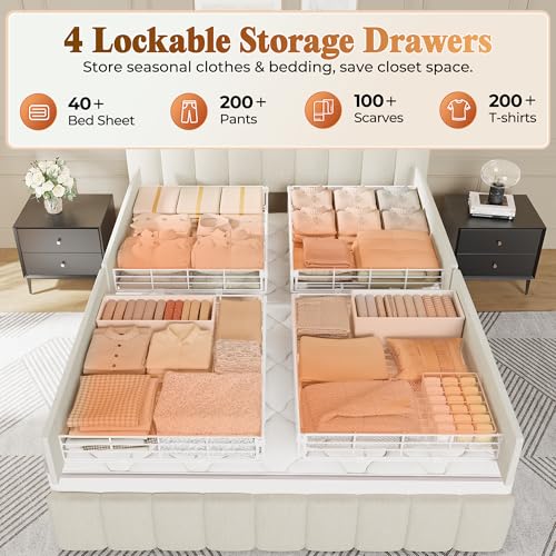 Bed Frame Queen Size with Upholstered Headboard & Charging Station, Queen Bed Frame with 4 Storage Drawers, 2-Tier Open Shelves, No Box Spring Needed, Slient Foam Strip, Easy Assembly, Beige - color: Beige, size: Queen