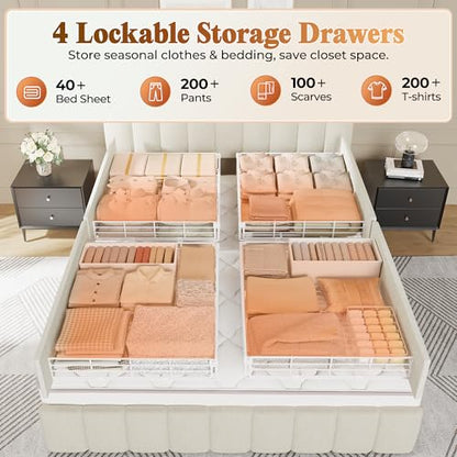 Bed Frame Queen Size with Upholstered Headboard & Charging Station, Queen Bed Frame with 4 Storage Drawers, 2-Tier Open Shelves, No Box Spring Needed, Slient Foam Strip, Easy Assembly, Beige - color: Beige, size: Queen