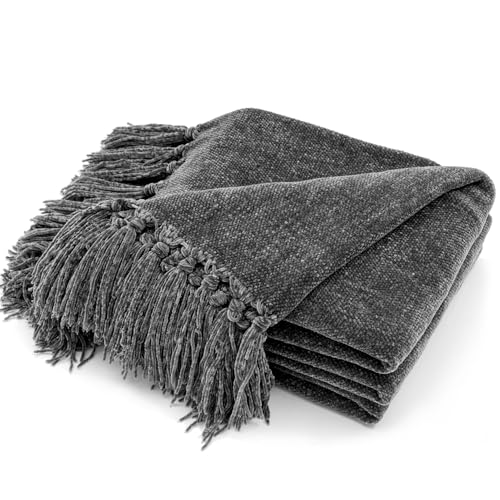 RECYCO Chenille Throw Blanket for Couch, 50"x60", Dark Gray | Super Soft Knit Throw Blanket with Fringe Tassels, Lightweight Knitted Throw, Cozy, Ideal for Sofa Chair Bed Living Room Gift - color: Dark Gray, size: 50'' X 60''