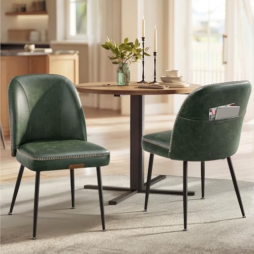 VASAGLE EKHO Collection - Dining Chairs Set of 2, Upholstered Kitchen Chairs, Comfortable Seat, Synthetic Leather with Stitching, Mid-Century Modern, Easy Assembly, with Storage Pocket, Forest Green - color: Forest Green, size: Set of 2, style: With Stora