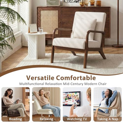 Mid Century Accent Chair with Solid Wood Frame & Linen Fabric, Beige | Upholstered Lumbar Pillow Lounge Chair Linen Fabric Cozy Leisure Chair Walnut Living Room Chair for Bedroom Waiting Room - color: Walnut Wood - Beige Fabric, style: 1 PCS