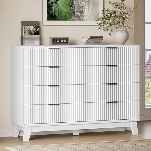 BORNOON 53" Wide Dresser for Bedroom, 8-Drawer Fluted Chest of Drawers, Modern Wood Highboy with Metal Slides and Handles, Anti-Tip Kit, Vertical Clothes Storage Organizer for Apartment, Closet - color: Pure White, size: XL 8-Drawer