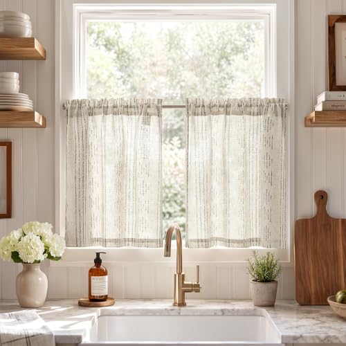 jinchan Boho Kitchen Curtains Linen Tier Curtains 24 Inches Bohemian Cafe Small Drapes Gray Striped Mudcloth Farmhouse for Bathroom RV Camper Light Filtering Rod Pocket 2 Panels Grey on Beige | 24 Inch 2 Panels Grey on Beige, Mudcloth Inspired Design, Lig
