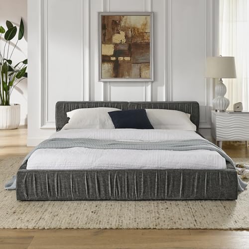 Queen Size Upholstered Bed Frame, Modern Grounded Bed with Solid Wood Slats, Pleated Headboard, Sturdy Construction, No Box Spring Needed, Grey (Grey, Queen) - color: Grey