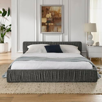 Queen Size Upholstered Bed Frame, Modern Grounded Bed with Solid Wood Slats, Pleated Headboard, Sturdy Construction, No Box Spring Needed, Grey (Grey, Queen) - color: Grey