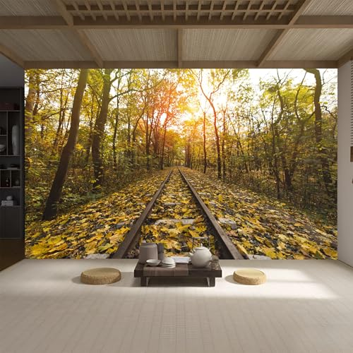 Custom Size Wall Murals， Autumn Forest Train Tracks，SelfAdhesive Removable Peel and Stick Wallpaper， for Living Room，Bedroom，Shop，Office，Kids