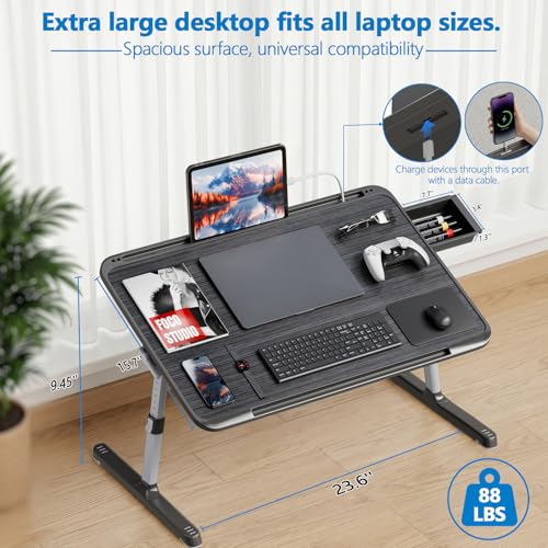 Potuopy Adjustable Lap Desk,Large Smooth Easy-Clean Wood Grain Desktop,Foldable Laptop Bed Tray Table with Storage Drawer,Portable Laptop Stand Fits 17" Laptop for Bed Couch Floor (Light Striped) - color: Light Striped