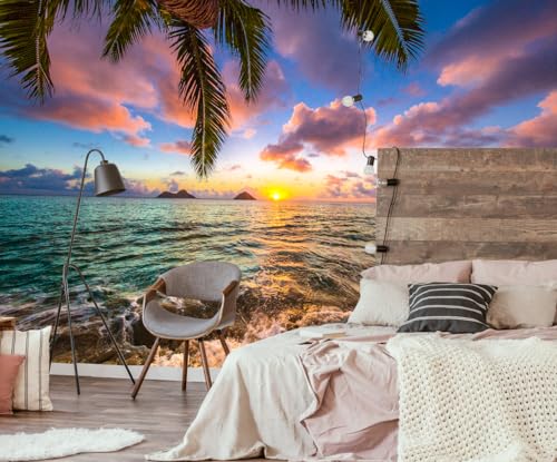 Palm Tree Beach Seascape Wall Mural Wallpaper | 151"x96", for Bedroom Living Room Bathroom, Textured Fabric, Not Peel and Stick - color: Mural 16, size: 151" x 96"