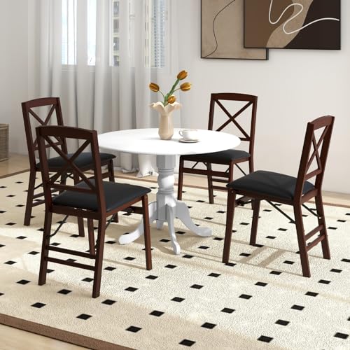 COSTWAY Round Dining Table for 4, 39-inch Wooden Kitchen Table with Solid Rubber Wood Frame, Curved Trestle Legs, Adjustable Foot Pads, Mid Century Rustic Dinning Table for Living Room (White) | Curved Trestle Legs, Adjustable Foot Pads, Mid Century Rusti