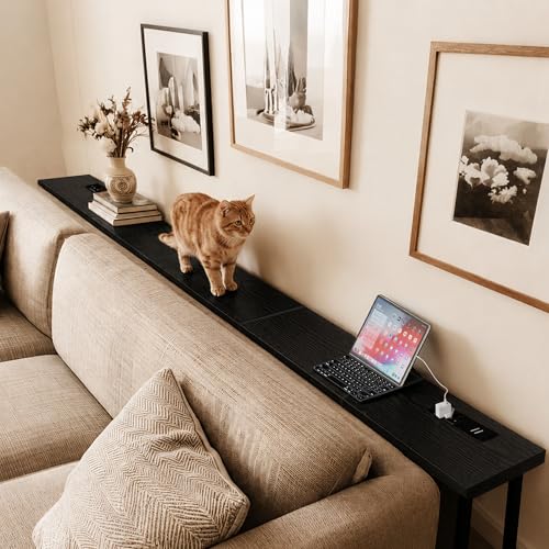 GRLEAF 78 Inch Narrow Sofa Table with Power Outlet, Extra Long Console Table Behind Couch Table with Charging Station, Skinny Entryway Table Thin Table for Living Room, Narrow Spaces (Black) - color: Black, size: 78IN