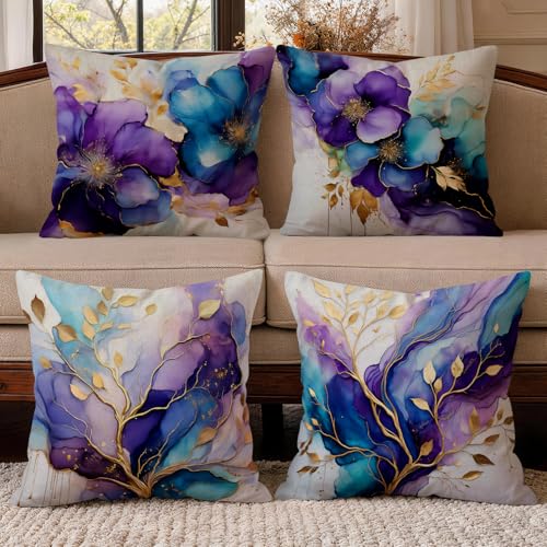 OBSEDE Purple Blue Floral Decorative Throw Pillow Covers 18x18 in Set of 4 | Faux Linen, Single-Sided Art Print, Invisible Zipper, Modern Couch Home Decor, Gift For Friends, Cozy Bed Sofa Cushion Cases - color: Gilded Ink Bloom, size: 18" x 18" (Pack of 4