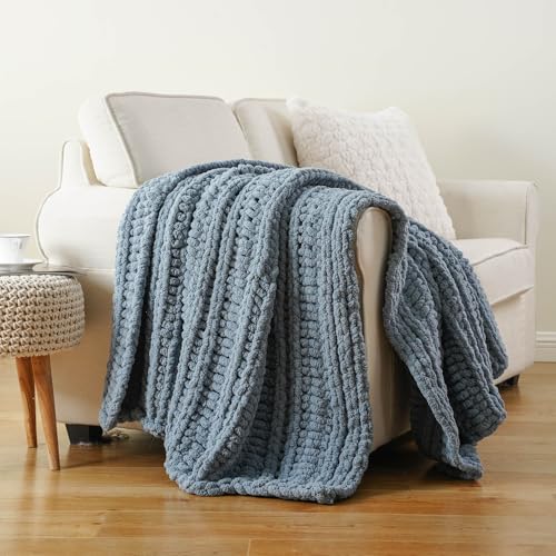Battilo Chunky Knit Throw Blanket for Couch, 50"x60", Dusty Blue | Hand Knit with Chunky Yarn, Cozy Warm Soft Chenille Throw Blanket for Bed, Sofa, Living Room - color: Dusty Blue