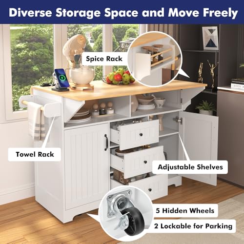 Rolling Kitchen Island with 2 Drop Leaf and Power Outlet, Island Table on Wheels with Towel Rack and Spice Rack, Kitchen Cart with Storage Cabinet and Drawers (White) - color: White