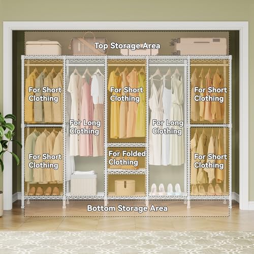 Higeego H5 Clothing Rack for Hanging Clothes, Heavy Duty Closet Rack, White | Large Garment Rack, 93.3"Wx15.7"Dx75.4"H, Freestanding Wardrobe Closet, with Adjustable Shelf, Load 1400 lbs - color: White