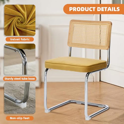 Rattan Dining Chairs Set of 4,Velvet Cesca Chair Kitchen Chair,Gold | VICBARLEY Mid Century Modern Dining Chairs,Wood Cane Backrest&Chrome Base,Upholstered Side Chair for Dining Room,Kitchen - color: Gold, size: Set of 4