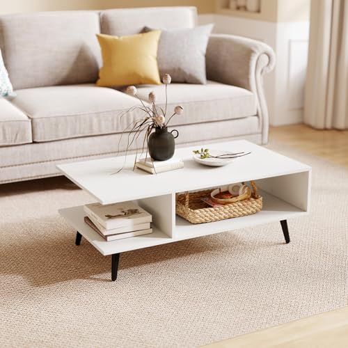 GOFLAME Wood Coffee Table, 2-Tier Mid Century Modern Center Table with 2 Open Storage Compartments & Metal Legs, Rectangular Accent Tea Tables for Living Room, Home Office, Apartment, White - color: White