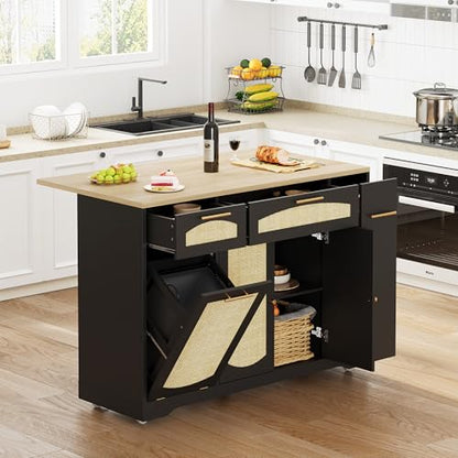 Garvee Rolling Kitchen Island Table on Wheels with Drop Leaf, Tilt Out Trash Can Cabinet, Storage Cabinet, Drawer, Spice Rack, Kitchen Cart, 53.1" Wide, Black - color: Black