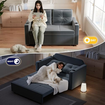 Krcix 3 in 1 Pull Out Couch, 56" Velvet Sofa Bed, Convertible Sleeper Sofa | Loveseat Sleeper for Living Room, Small Space-Saving, Family Couch Bed with USB, Cup Holder, Dark Gray - color: Dark Gray
