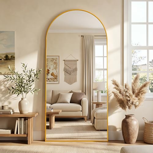 76"×34" Arched Full Length Floor Mirror, Standing Mirror with Aluminum Frame, Large Body Mirror of Free Standing/Wall Mount/Leaning for Bedroom, Living Room, Dressing Room, Gold - color: Gold, size: 76"L x 34"W