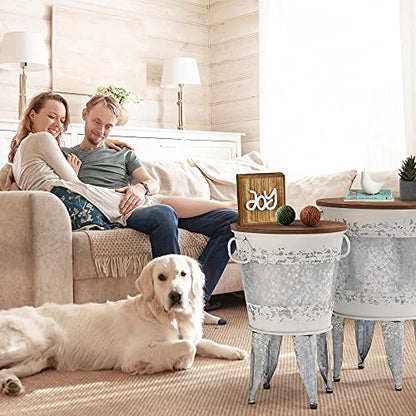 RUSTOWN Farmhouse Side Tables Set of 2, Galvanized Metal Bucket End Table | Storage Metal Bin with Round Wooden Lid, Accent Side Table, Rustic Antique Cocktail Table for Living Room, Bedroom, Outdoor - color: Distressed White