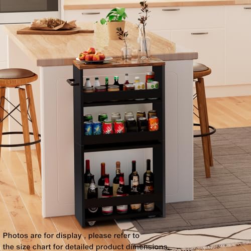 TEAMIX Slim Rolling Storage Cart, Wood 4-Tier Narrow Kitchen/Laundry Cart - color: Black+brown, size: 5-1/2'' W